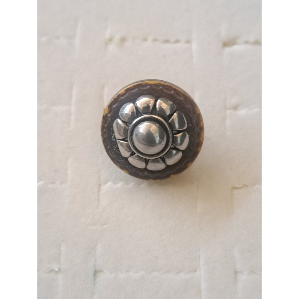 Boho Silver Tone Floral Adjustable Statement Brown Button Ring
